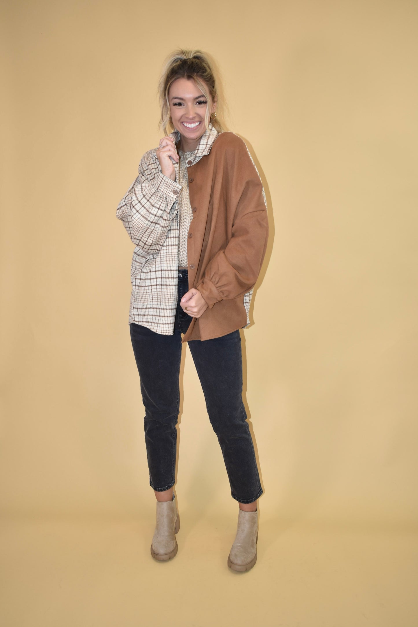 Taupe Patchwork Oversized Shacket