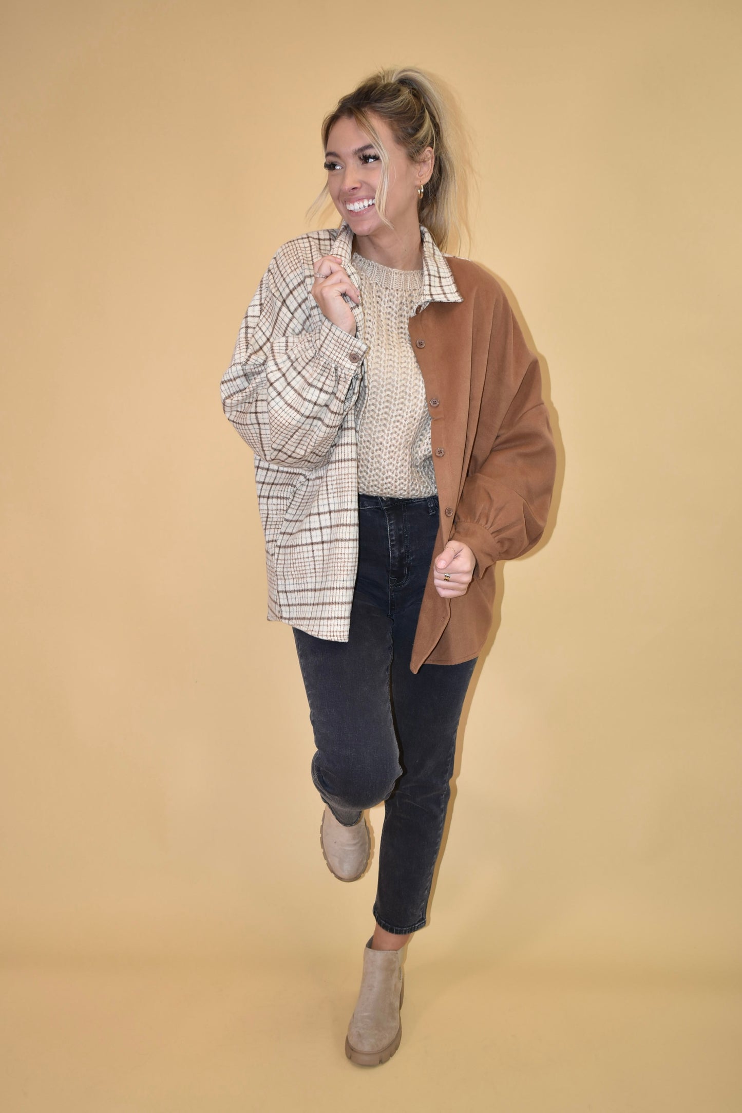 Taupe Patchwork Oversized Shacket