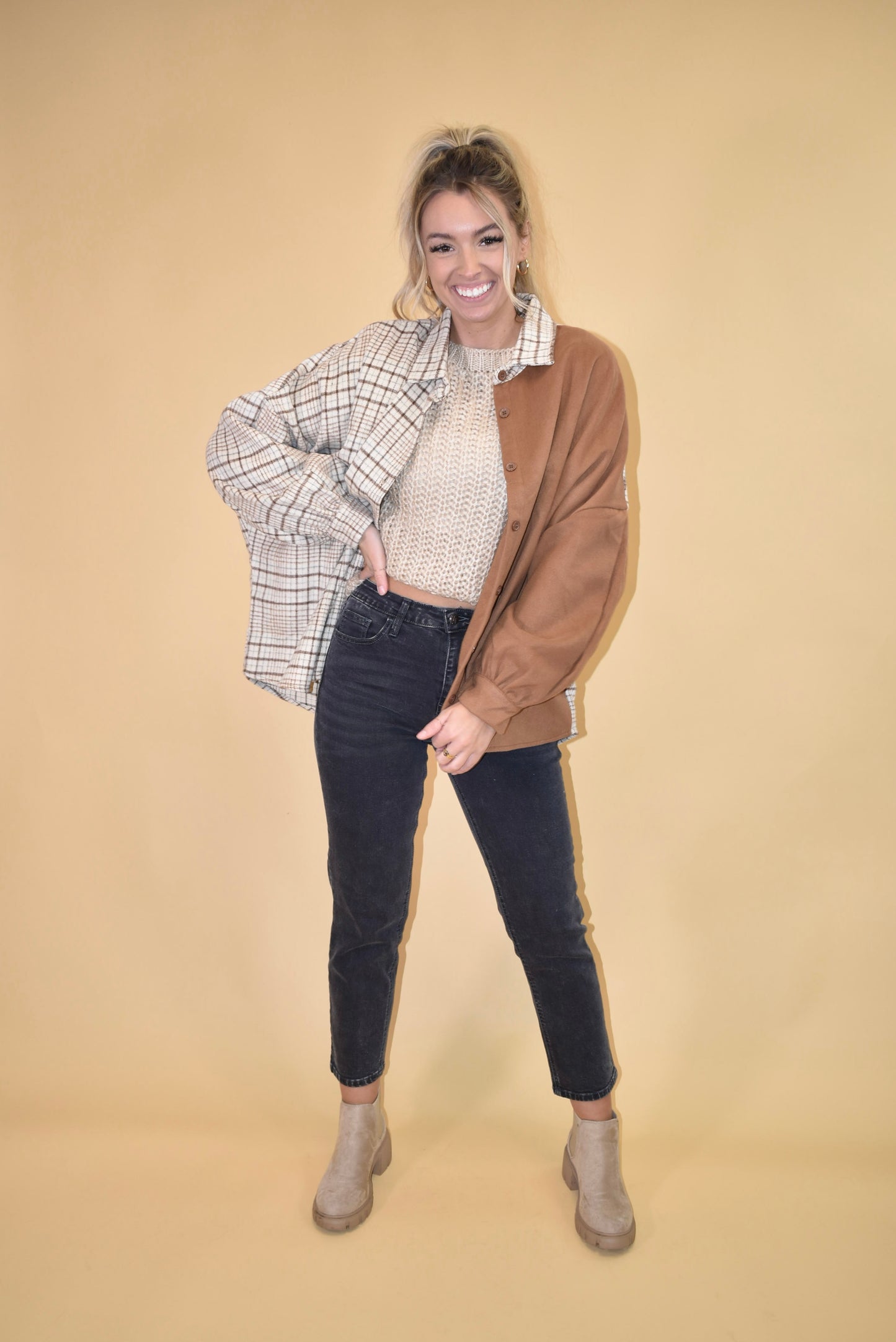 Taupe Patchwork Oversized Shacket