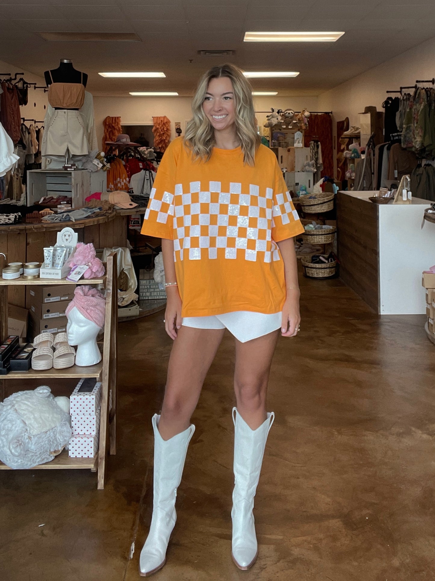 Oversized Orange Sequin Checkered Shirt