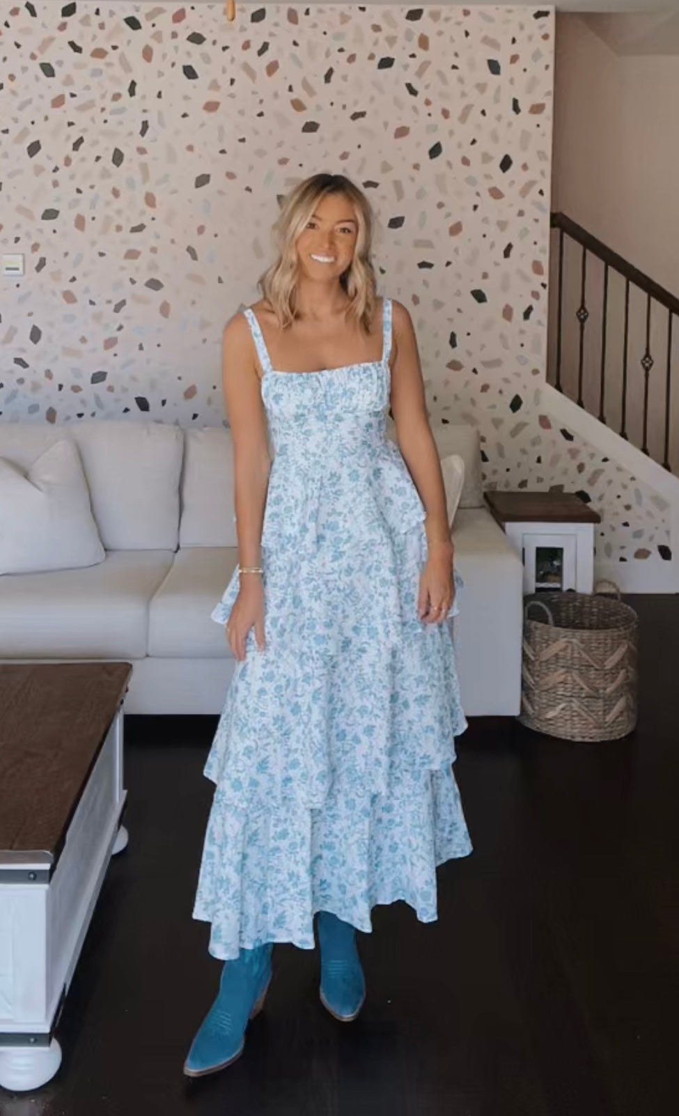 Blue Floral Ruffle Maxi Dress