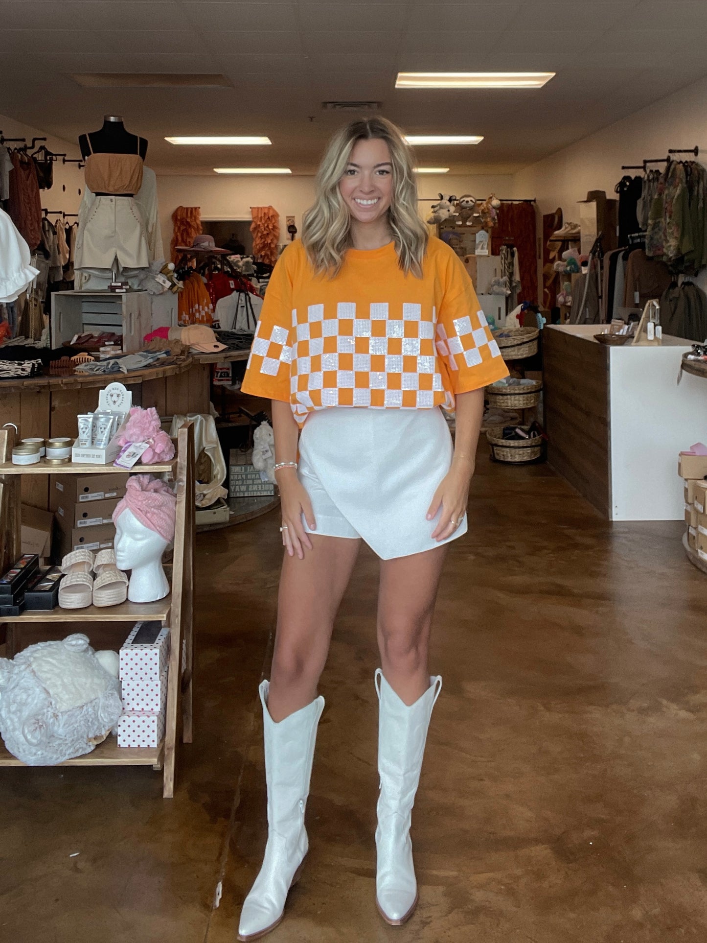 Oversized Orange Sequin Checkered Shirt