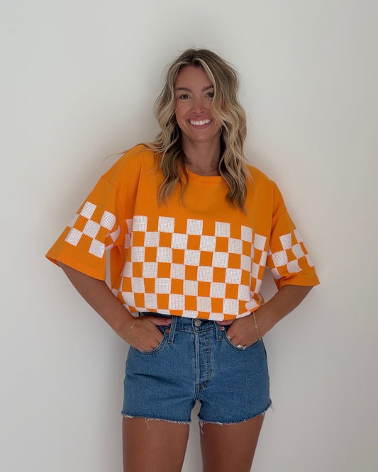 Oversized Orange Sequin Checkered Shirt