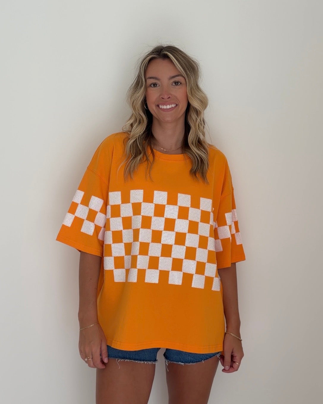 Oversized Orange Sequin Checkered Shirt