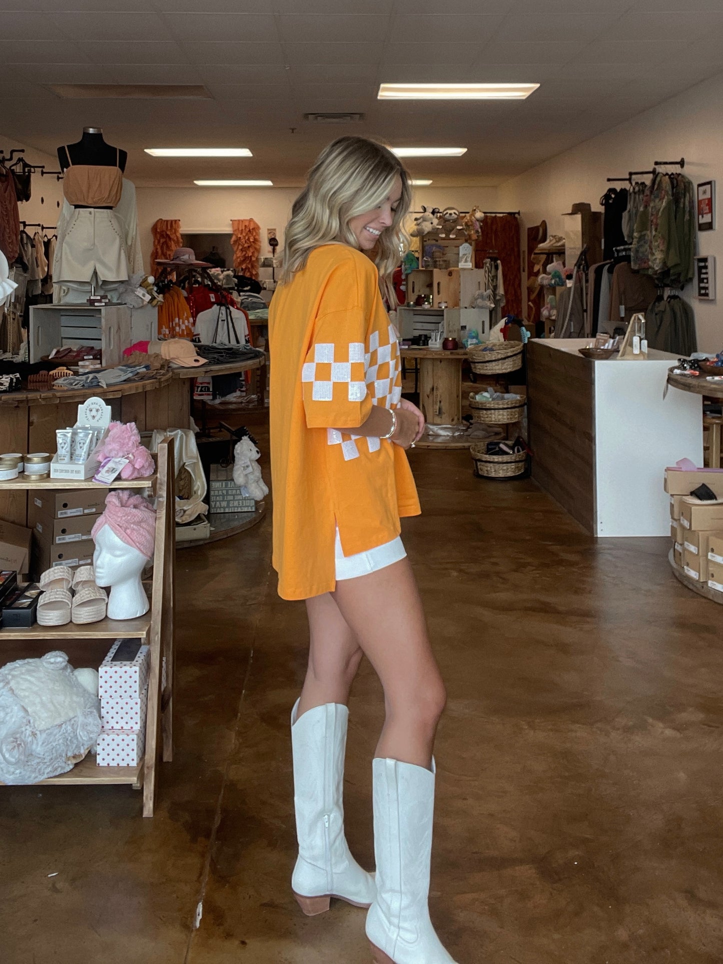 Oversized Orange Sequin Checkered Shirt