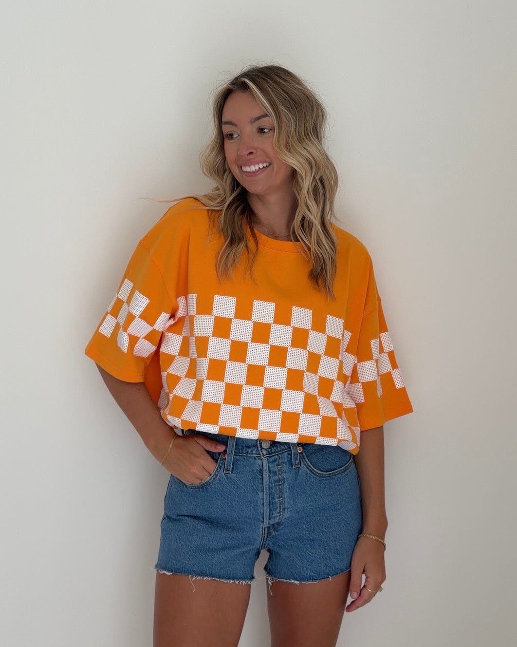 Oversized Orange Sequin Checkered Shirt