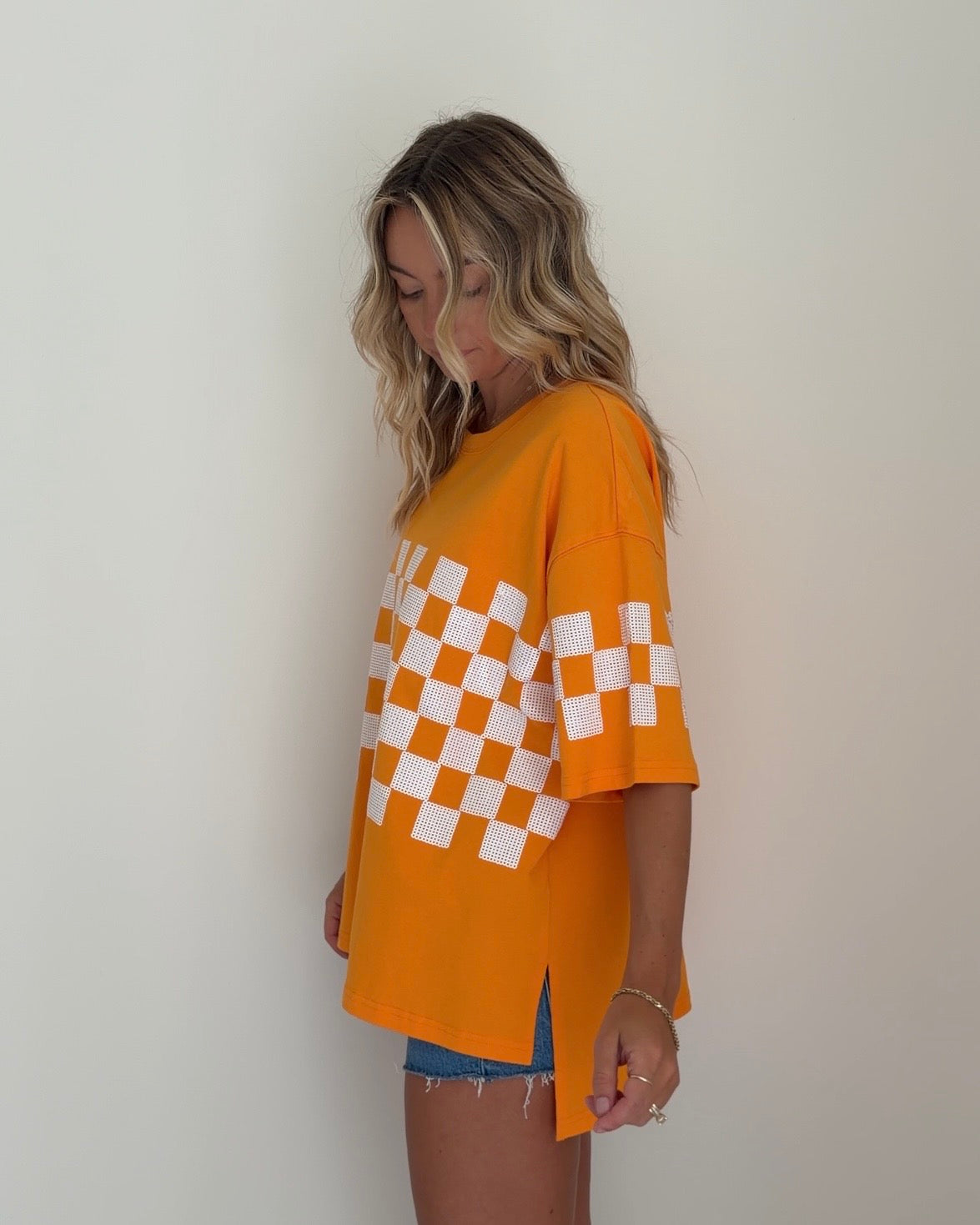 Oversized Orange Sequin Checkered Shirt