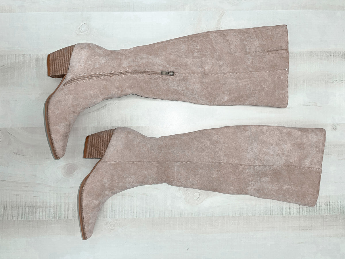 Beige Suede Over the Knee Boots