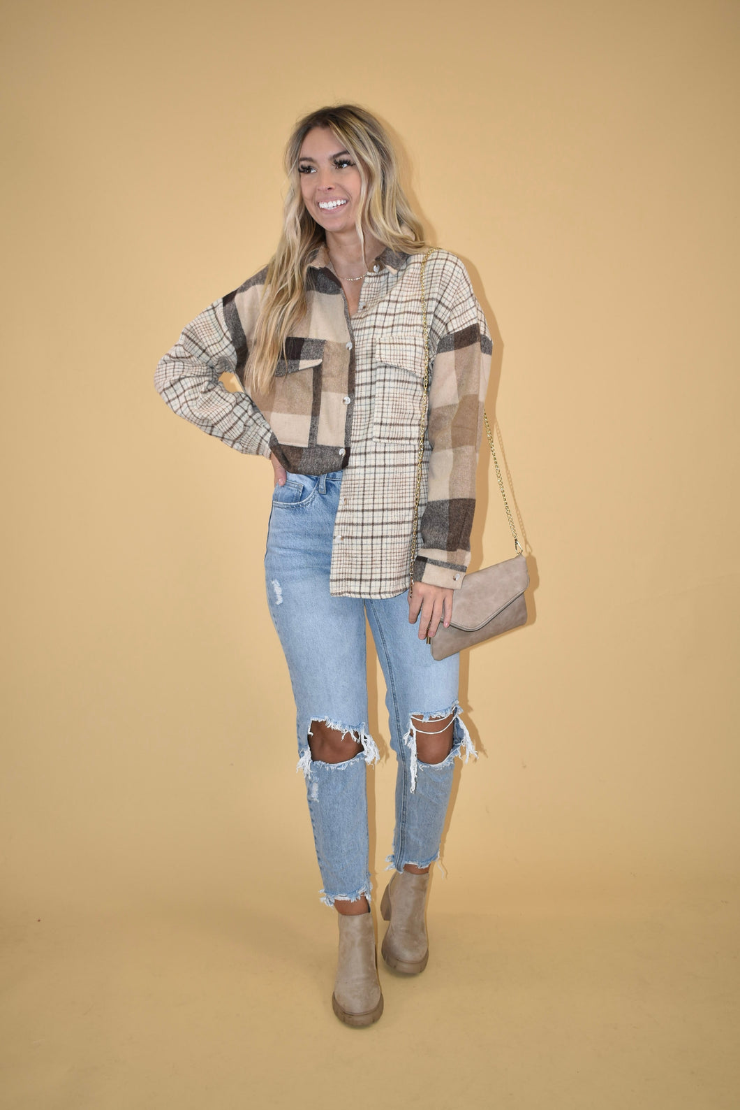 Brown Patchwork Plaid Shacket