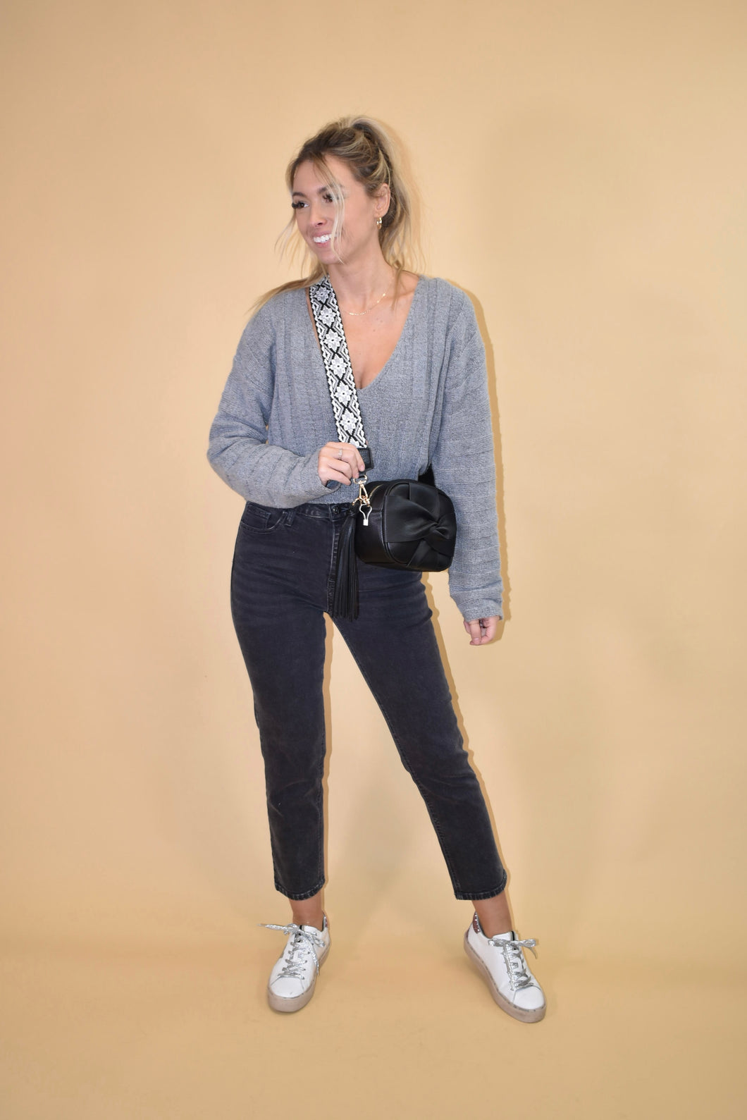 Heather Gray V-Neck Cropped Sweater