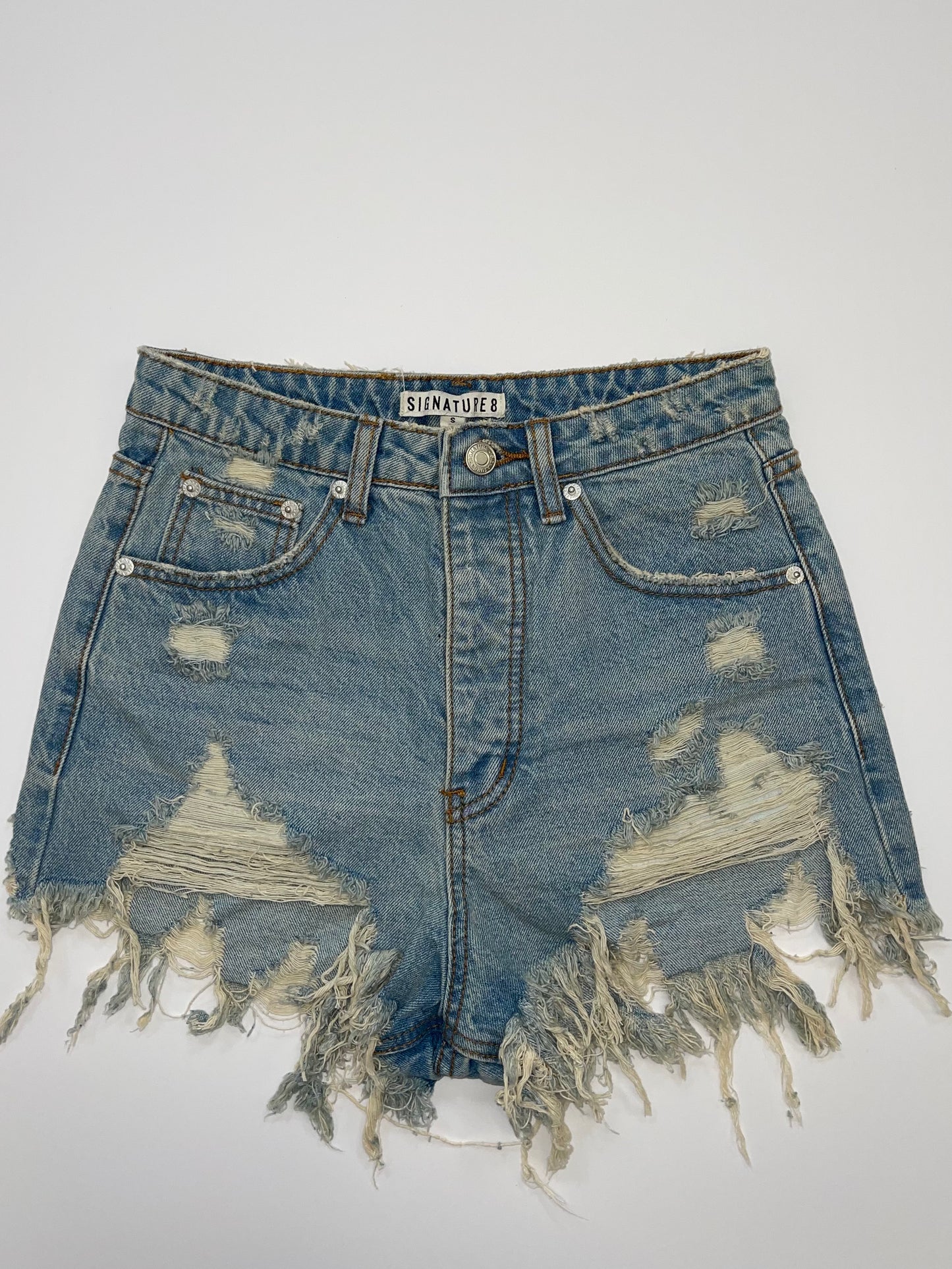 High Waisted Distressed Light Wash Denim Shorts