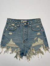 Load image into Gallery viewer, High Waisted Distressed Light Wash Denim Shorts
