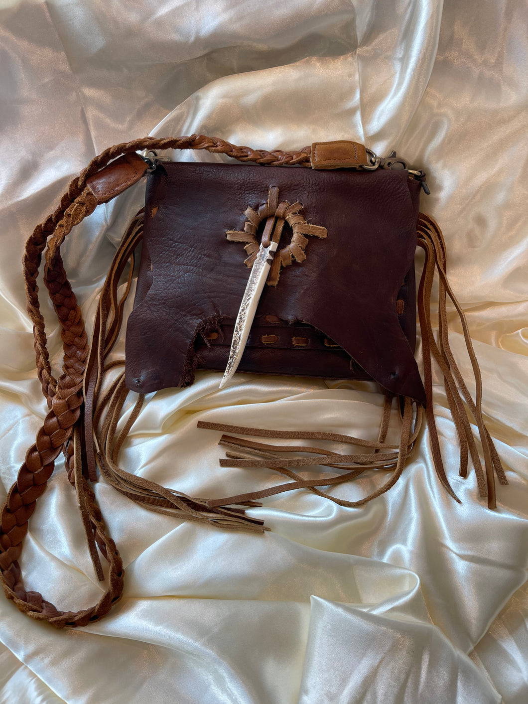 Brown Leather Fringe Purse with Braided Strap - American Darling