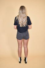 Load image into Gallery viewer, Washed Black Rhinestone Fringe Denim Shorts
