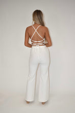 Load image into Gallery viewer, open back denim jumpsuit, white denim jumpsuit, spring jumpsuit, summer jumpsuit
