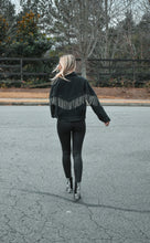 Load image into Gallery viewer, Rhinestone Fringe Black Denim Jacket
