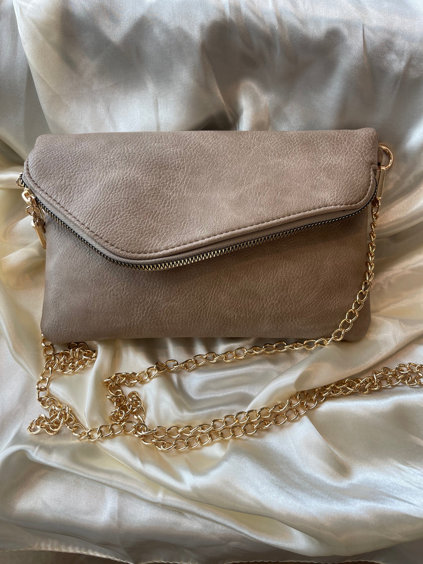 Taupe Flap Over Crossbody Purse with Gold Chain Strap