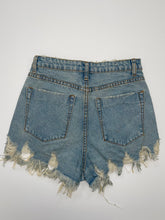 Load image into Gallery viewer, High Waisted Distressed Light Wash Denim Shorts
