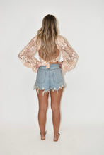 Load image into Gallery viewer, High Waisted Distressed Light Wash Denim Shorts
