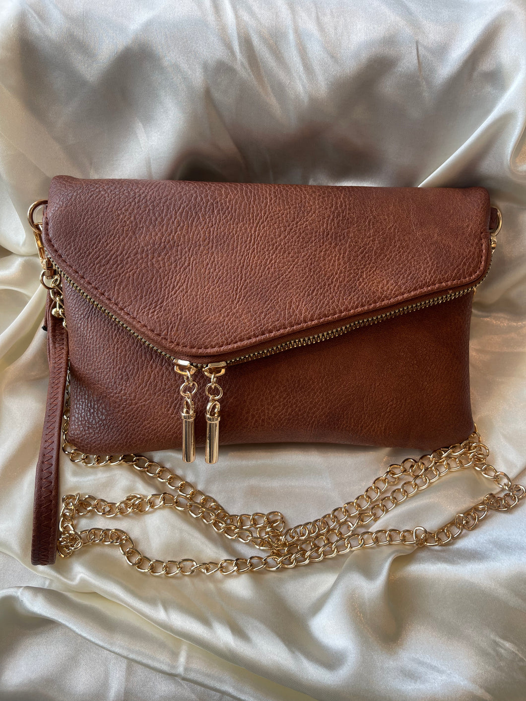 Brown Flap Over Crossbody Purse with Gold Chain Strap