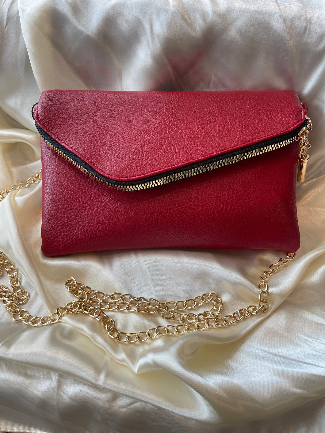 Crimson Red Flap Over Crossbody Purse with Gold Chain Strap