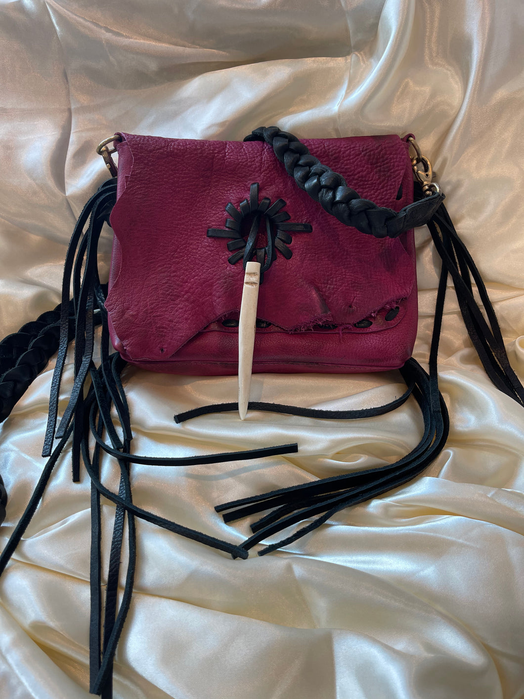 Fuchsia Leather Fringe Purse with Braided Strap - American Darling