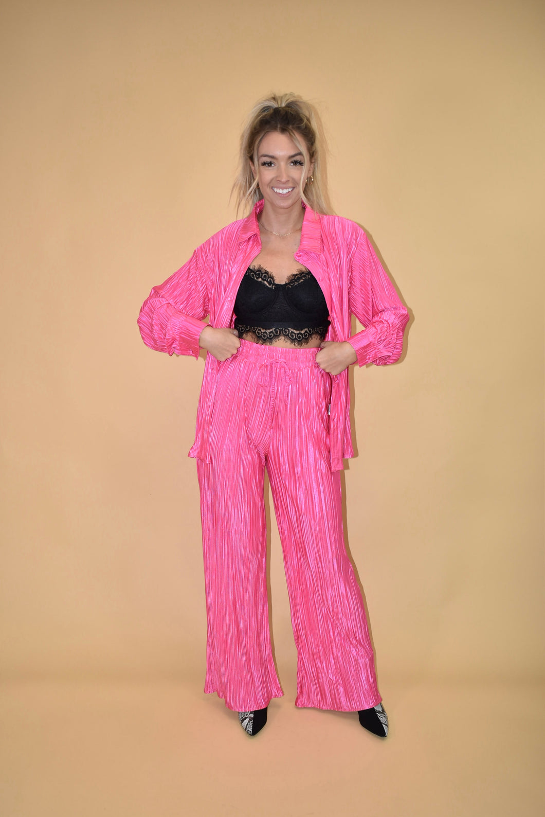 Hot Pink Pleated Wide Leg Pants (part of a matching set)