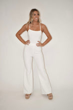 Load image into Gallery viewer, summer jumpsuit, white denim jumpsuit, open back jumpsuit, paired with daisy cork platform sandals
