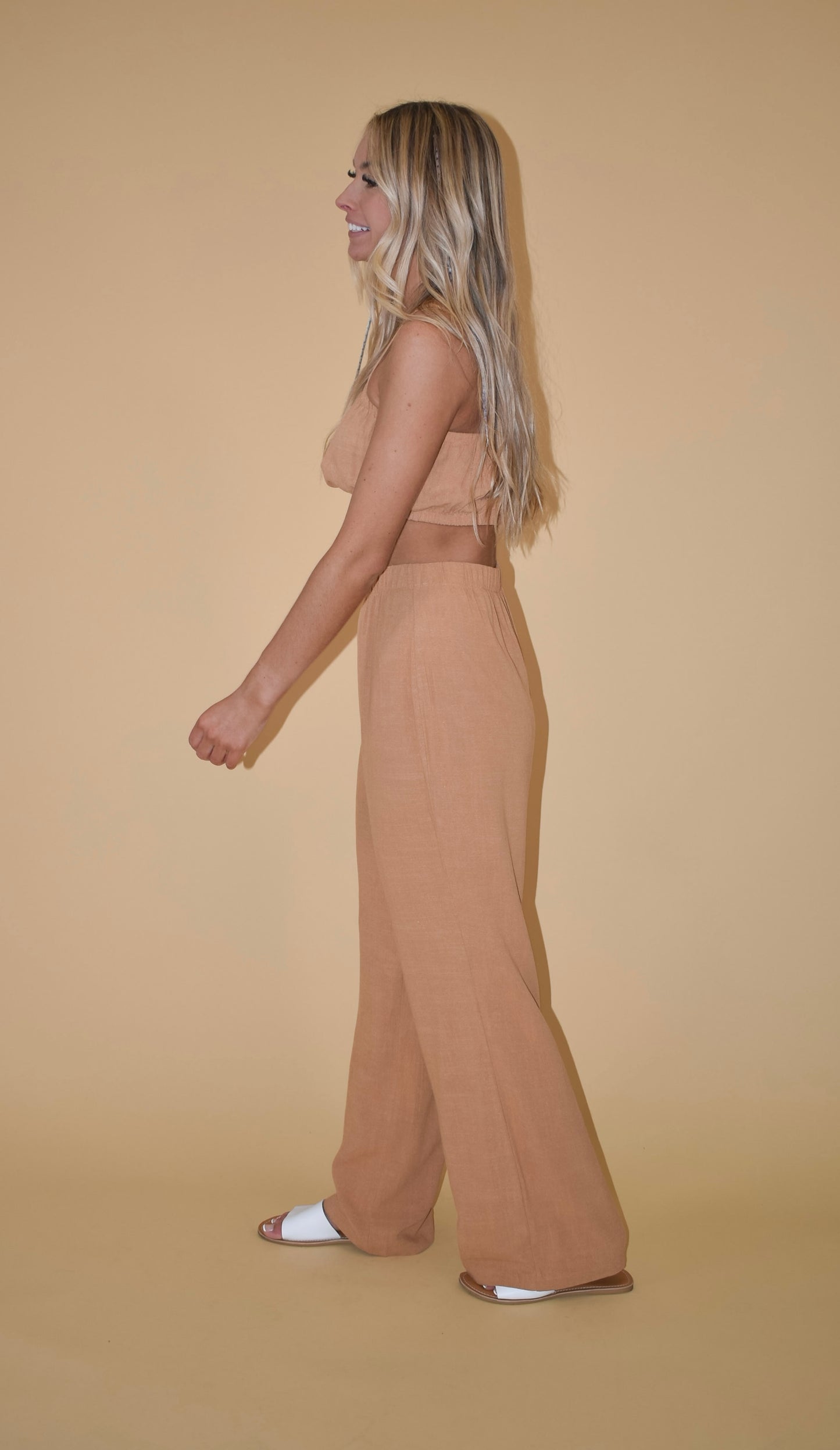 Peanut Butter Linen Blend Bubble Crop Top
